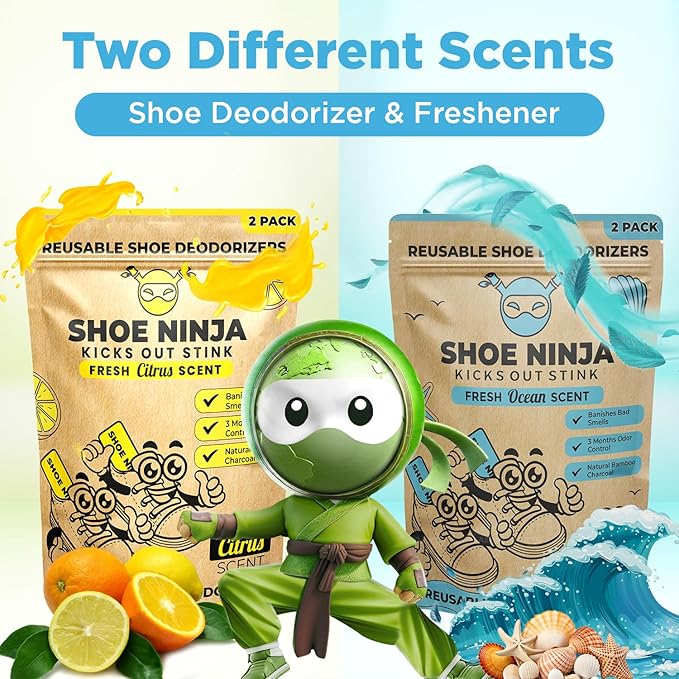 Shoe Ninja Shoe Deodorizer - Shoe Odor Elimination with Activated Charcoal, Versatile and Reusable Shoe Smell Remover, Boxing Glove Deodorizer, and Shoe Freshener, Great for Sports - 1 Pack Count of 2