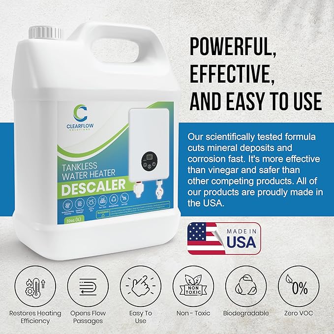 Tankless Water Heater Descaler - Premium Descaler for Tankless Water Heater Systems, Restores Heating Efficiency, Nontoxic, Biodegradable, Made in USA! 32 Ounce (Quart)