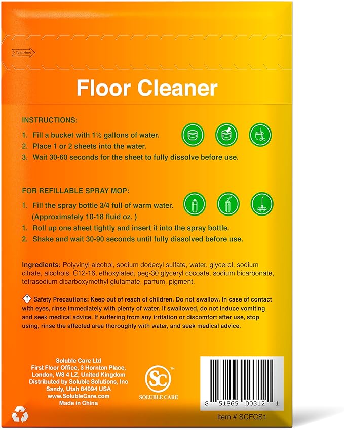 30 Floor Cleaner Dissolvable Sheets (Concentrated, Liquid-Free Cleaning Sheets for Buckets & Refillable Spray Mops) - Fresh Lime Scent