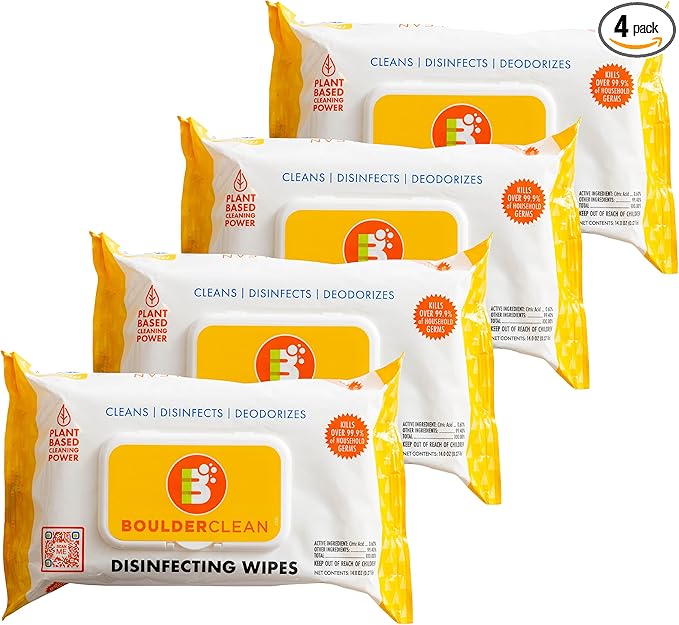 Boulder Clean Disinfecting Wipes, Fresh Lemon, Eco-Friendly Disinfectant, Multi-Surface Cleaning Wipes, On-The-Go Antibacterial Wipes, Kills Over 99.9% Germs, 72 Count (Pack of 4)