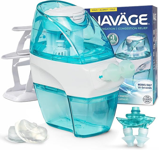 Navage® Nasal Irrigation System Premium Bundle, Nasal Rinse, Congestion Relief, 30 Seconds Sinus Cleaner w/ 90 SaltPods. 2 Nose Docks, 4 Pillows & Batteries, Powered Sinus Rinse System ($155+ Value)