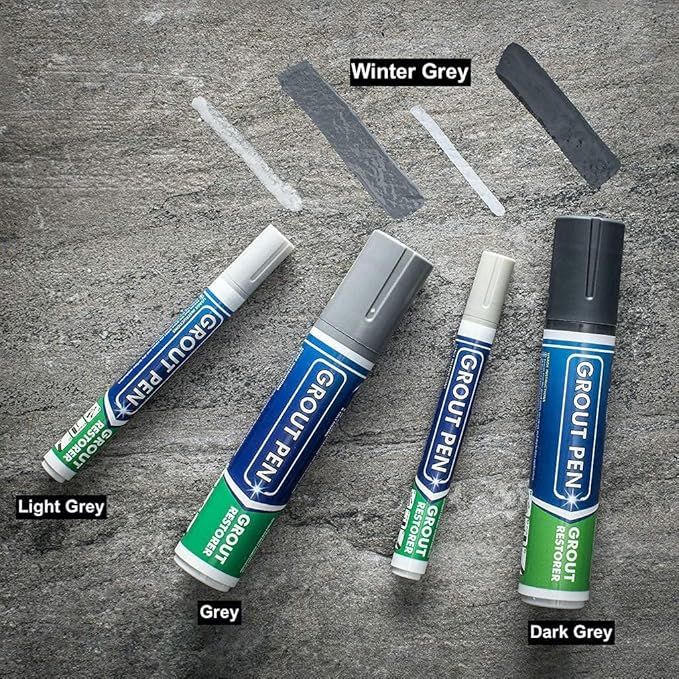 Grout Pen Tile Paint Marker: Waterproof Grout Colorant and Sealer Pen to Renew, Repair, and Refresh Tile Grout - Cleaner Coating Stain Pens - 2 Pack, 5mm Narrow Winter Grey and 5mm Narrow White Tip