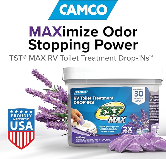 Camco TST MAX RV Toilet Treatment Drop-INs - Control Unwanted Odors and Break Down Waste and Tissue - Septic Tank Safe - Lavender Scent - 30-pack (41553)