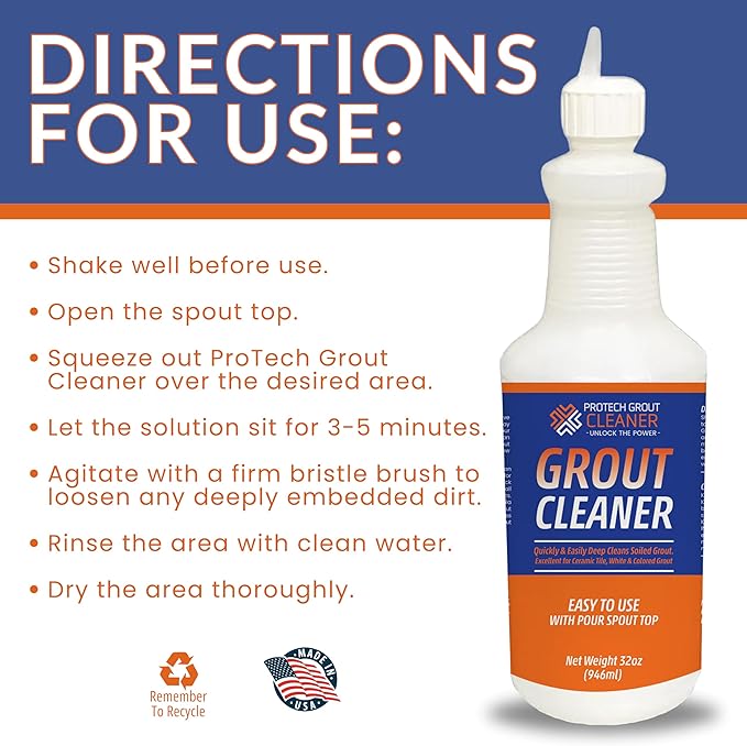 ProTech Grout Cleaner & Stain Cleaner - 32 Ounce - Premixed Solution - Heavy Duty Grout Stain Remover for Tile Floors, Showers, bathroom grout & Kitchens. Non-Toxic & Safe, Best for Deep Cleaning