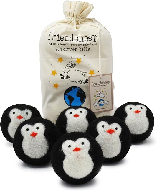 Friendsheep Wool Dryer Balls, Organic Reusable Fabric Softener Alternative for Laundry, Handmade, Fair Trade, Hypoallergenic, Eco-Friendly, Plastic-Free (6 Pack XL ??Black Penguin)
