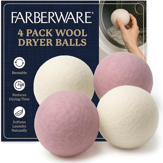 Farberware Wool Dryer Balls 4 Pack ??Reusable 100% Wool Balls for Dryer ??Natural Fabric Softener for Laundry, Towels & Bedding, Replaces Fabric Sheets & Liquid Softeners