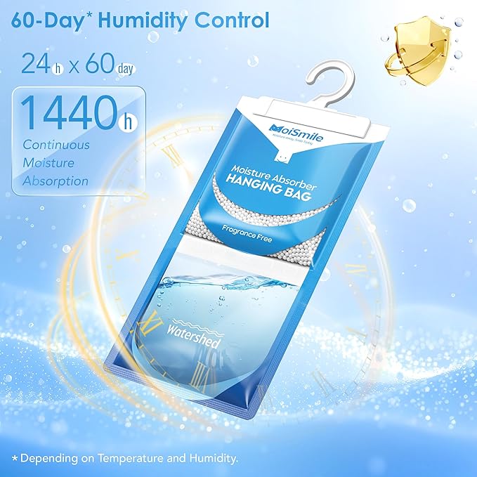 Moisture Absorbers 20 Pack Fragrance Free, Hanging Closet Dehumidifier Bags, Humidity Absorber, Compact Eliminates Odors Humidity Packs for Car, Bathroom, Bedroom, Basement, 9.8OZ