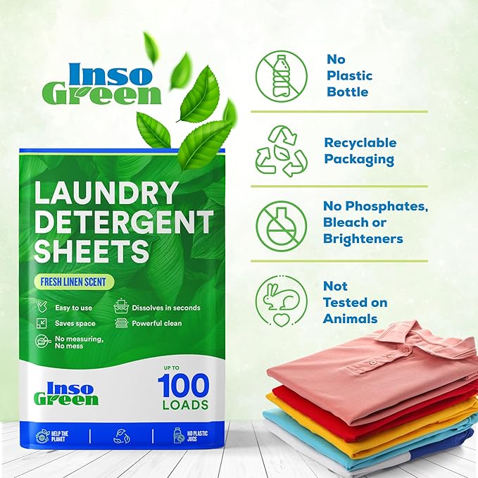 Eco Washer Sheets Detergent - 100 Loads, Zero Plastic Jugs, No Mess & Space-Saving Laundry Strips - Travel Laundry Detergent - 50 Sheets