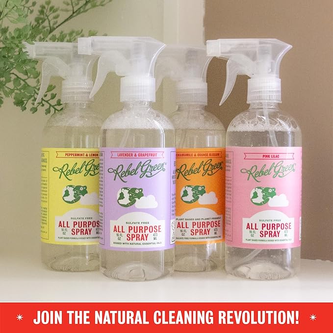 Rebel Green Natural All-Purpose Cleaning Spray - Plant-Derived Multi-Surface Cleaner with Essential Oils for Kitchen, Bath, Countertops and More - Peppermint & Lemon Scent - 16 oz - 1 Pack