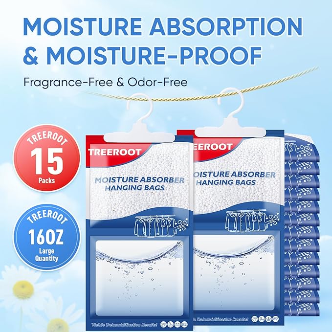 15 Pack Moisture Absorbers for Closet, 16OZ Hanging Closet Dehumidifier Bags, Hanging Humidity Absorber in Wardrobes, Kitchens and Bathrooms