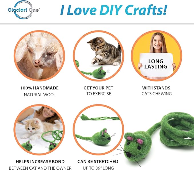 Glaciart One Felt Mouse Cat Toy – Soft Fuzzy Enrichment 100% Natural Wool - Interactive Catnip Play Cat Toy Set - Safe for Pets, Non-AZO Colored Dyes - 42” Long