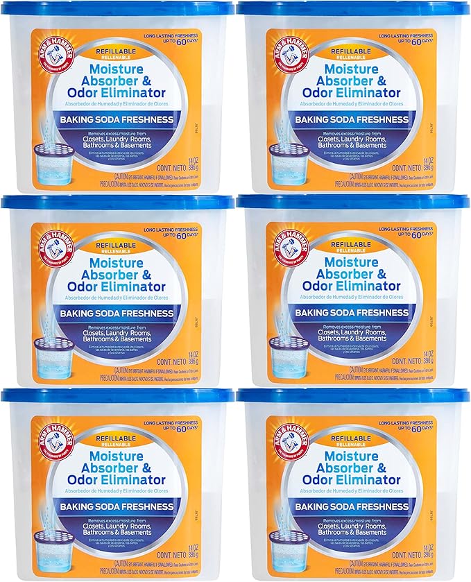 Arm & Hammer Fragrance Free Refillable Moisture Absorber and Odor Eliminator 14-Ounce Tub, 6-Pack, Attracts and Traps Excess Moisture for Fresher, Cleaner Air