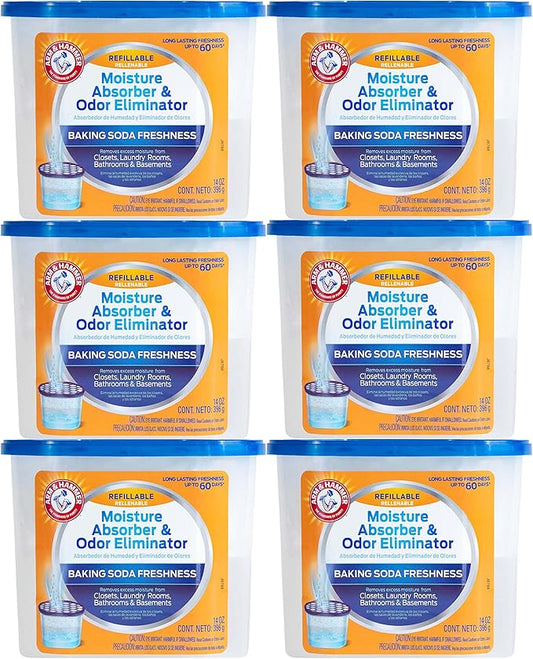 Arm & Hammer Fragrance Free Refillable Moisture Absorber and Odor Eliminator 14-Ounce Tub, 6-Pack, Attracts and Traps Excess Moisture for Fresher, Cleaner Air