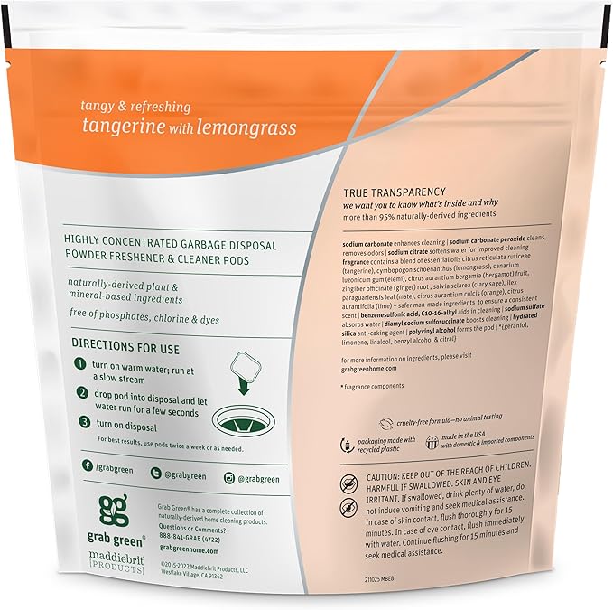 Grab Green Garbage Disposal Freshener Cleaner Pods - Tangerine with Lemongrass, white