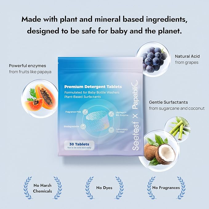 Papablic & Seetest Upgraded 60Pcs Detergent Soap Tablets, One-Tablet Deep Cleaning, UltiPept Enzyme Formula, Compatible with All Brands of Baby Bottle Washer, Gentle for Bottles & Pump Parts