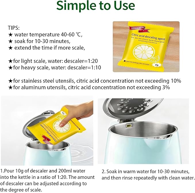Citric Acid Descaling Agent, Food Grade Concentrated Powder, Individually Wrapped Descalers for Kettles, Household Kitchen Appliances, Powerful Limescale Remover, Fast Descaling Clean and Safe (10)