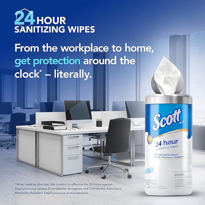 Scott 24 Hour Sanitizing Wipes – Multi-Surface Cleaning & Disinfecting, Continuous Sanitization for 24 Hours – (54478), 2 Canisters x 75 Count, 150 Wipes