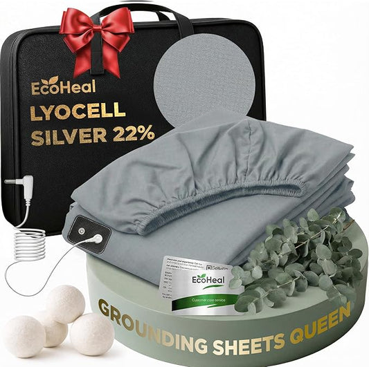 Luxury Lyocell Grounding Sheets Queen 22% Silver Fiber, 74% Cooling Lyocell, 4% Silk, Quality Certified - Conductive Earth Fitted Sheet 15" Deep w/Wash Bag & Wool Dryer Balls, Cloud Gray