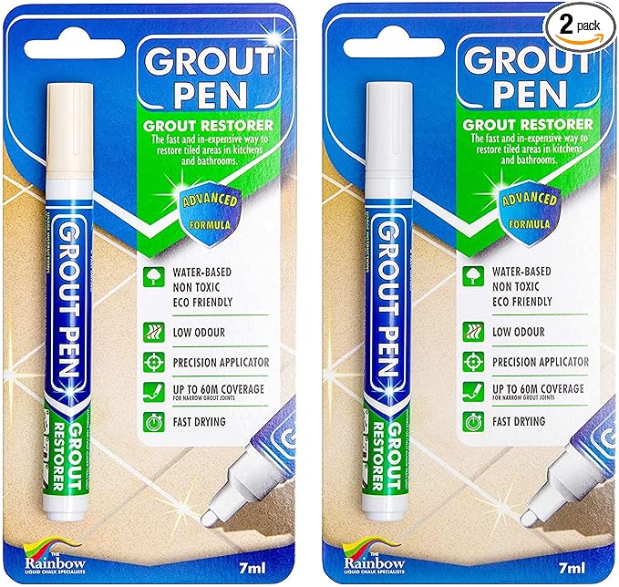 Grout Pen Tile Paint Marker: Waterproof Grout Colorant and Sealer Pen to Renew, Repair, and Refresh Tile Grout - Cleaner Coating Stain Pens - 2 Pack, 5mm Narrow Ivory and 5mm Narrow White Tip