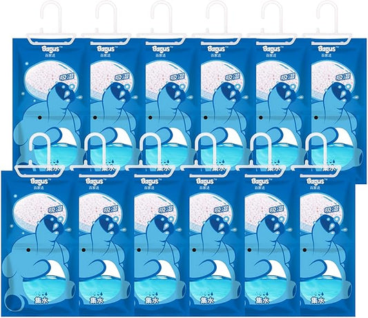 Bagus Hanging Moisture Absorber Bags (12 Pack) - Fragrance-Free Dehumidifier for Closet, Bathroom, RV, Boat & Storage Spaces, Compact Design with 12.5 Oz High-Capacity Absorption