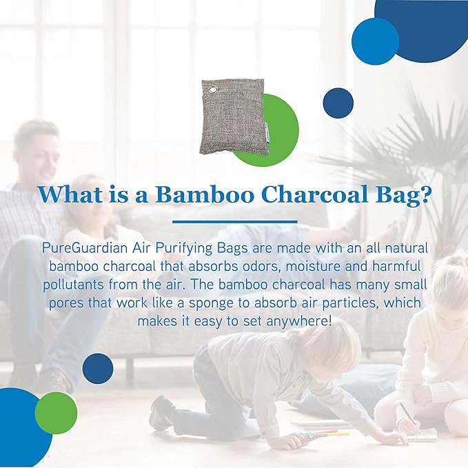 PureGuardian CB100 Bamboo Charcoal Air Purifying Bag, Eco-Friendly, Naturally Absorbs Odors, Excess Moisture and Pollutants, 100g, 4-Pack, Gray