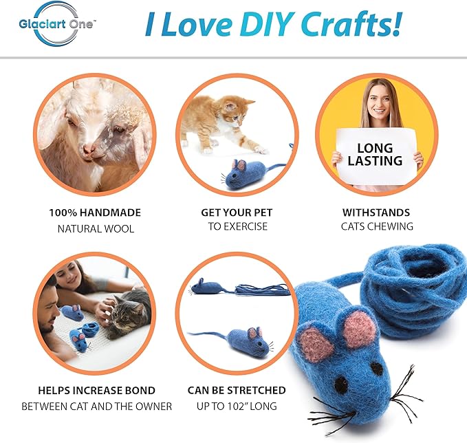Glaciart One Felt Mouse Cat Toy – Soft Fuzzy Enrichment 100% Natural Wool - Interactive Catnip Play Cat Toy Set - Safe for Pets, Non-AZO Colored Dyes - 100” Long