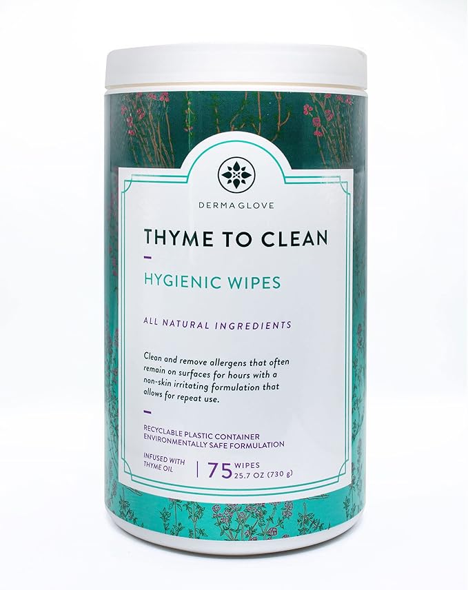DERMAGLOVE Thyme To Clean - Skin-Safe Compostable Surface Cleaning Wipes | infused with Thyme and Vitamin A,C,E - 75 Count (Pack of 1)
