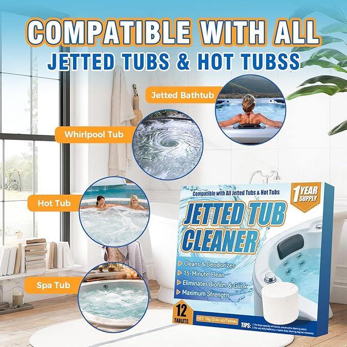 Jetted Tub Cleaner Bathtub Tabs, 12 Heavy Duty Jetted Tub Cleaner，Compatible with Jets, Tubes, Whirlpool & Spa Bath System，No Harsh Chemicals, Professional Septic Safe Solution