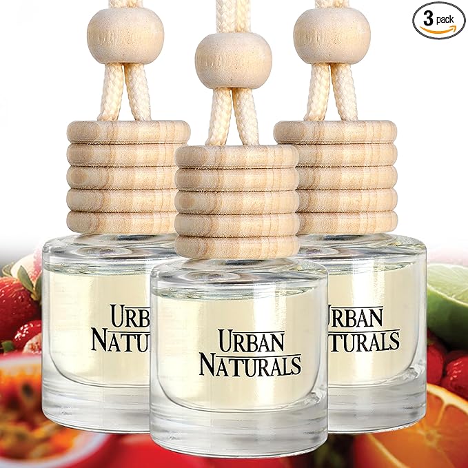 Urban Naturals Car Air Freshener Diffuser 3 Pack - Tropical Escape Essentials Scent, 45+ Days Long Lasting Fragrance, Made in USA, Glass & Wood, Hanging Design + Vent Cip, Easy to Use