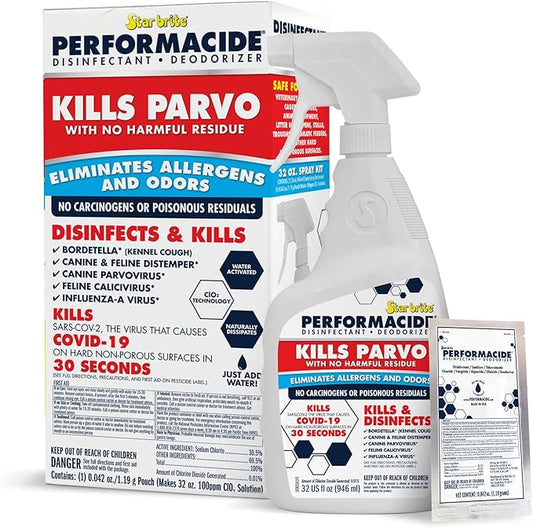 PERFORMACIDE No-Rinse Disinfectant / Deodorizer for Pet Surfaces | Kills Parvovirus, Ringworm, Feline Calicivirus, Avian Influenza (Bird Flu) Eco Friendly, Naturally Dissipates, Refillable, 32 OZ Kit