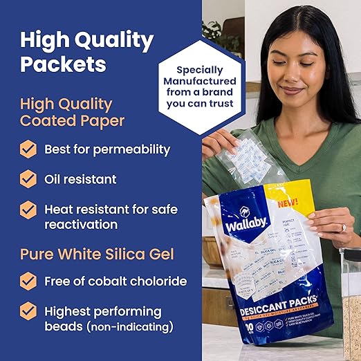 Wallaby 5g Silica Gel Desiccant Packs – 100 Packets (Food Safe, Rechargeable)
