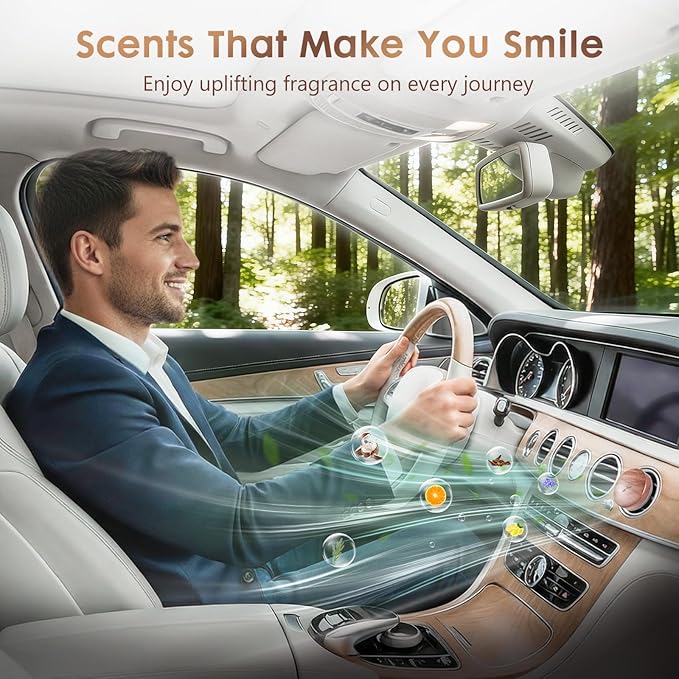 Wooden Car Air Freshener Vent Clip, Refillable Essential Oil Diffuser with Long-Lasting Natural Scent, North American Walnut & Metal Auto Deodorizer, Includes 2 Clips + 4 Plaster Refills