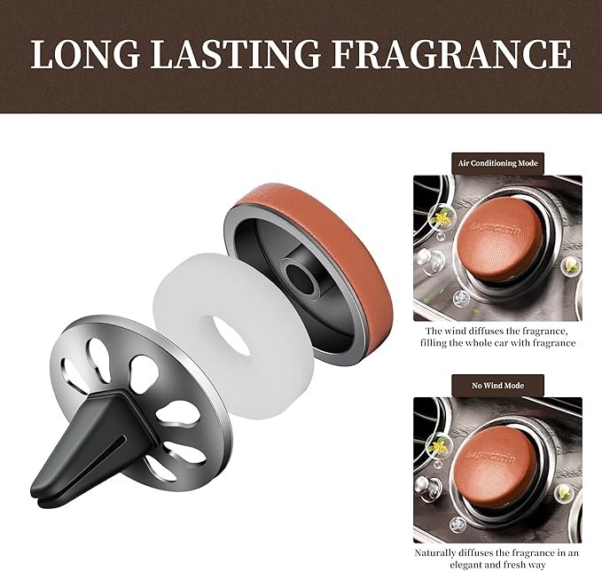 Car Air Freshener Vent Clip Fragrance Long Lasting Auto Odor Eliminator - Made with Natural Plant Extracts - Mocha Brown Leather Diffuser with 2 Pieces Mistral Scent Refills