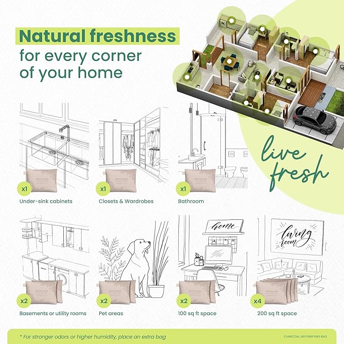 Activated Bamboo Charcoal Bags Odor Absorber for Strong Odor (6 Pack) - Air Purifying Bag & Closet Deodorizer - Car Odor Eliminator - Bamboo Charcoal Freshener for Home, Car, Bathroom & Shoes
