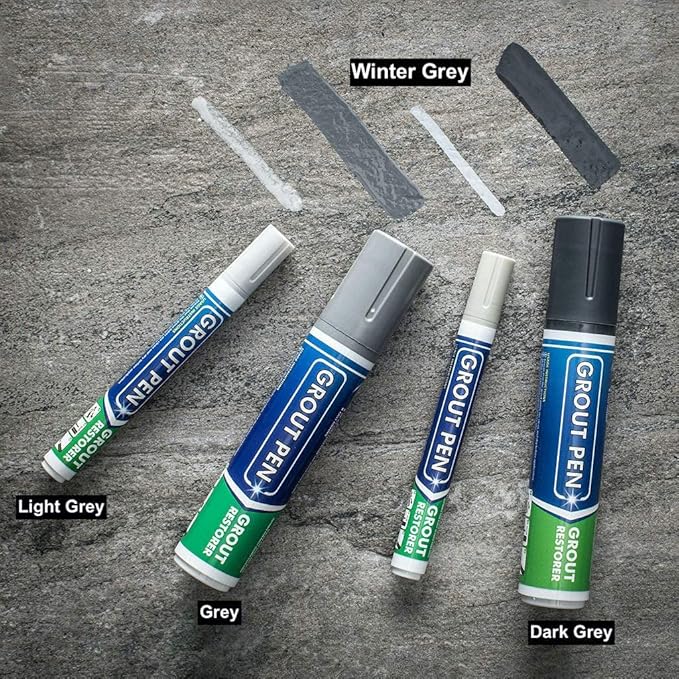 Grout Pen Tile Paint Marker: Waterproof Grout Colorant and Sealer Pen to Renew, Repair, and Refresh Tile Grout - Cleaner Coating Stain Pens - 2 Pack, 5mm Narrow and 15mm Wide Tip Pen - Winter Grey