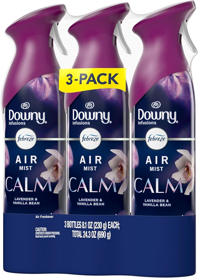 Febreze Air Mist, Air Freshener Spray, Odor Fighting Room Spray, Deodorizer for Home Bathroom Kitchen Office Apartment Dorm Room Classroom, Downy Calm Lavender & Vanilla Bean Scent, 8.1oz (Pack of 3)