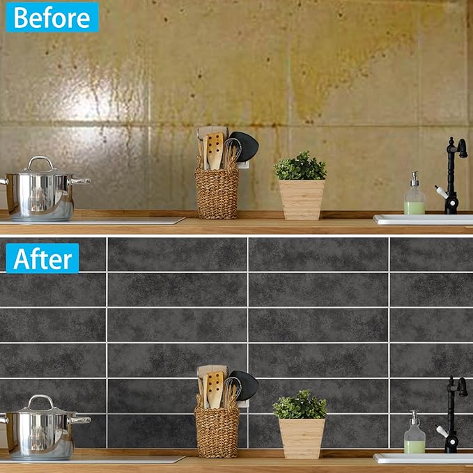 24-Pieces Peel and Stick Tiles for Kitchen Backsplash, New Upgrade Design 12" x 3"SPC Subway Backsplash Tiles, Marble Black Premium Finger Tiles (Dark Grey).