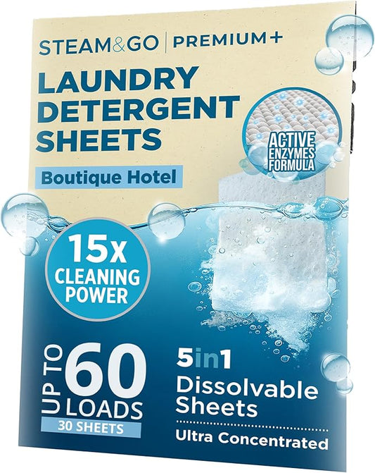 Steam & Go 5-in-1 Premium+ Dissolvable Laundry Detergent Sheets - Boutique Hotel Scent, 30 Count