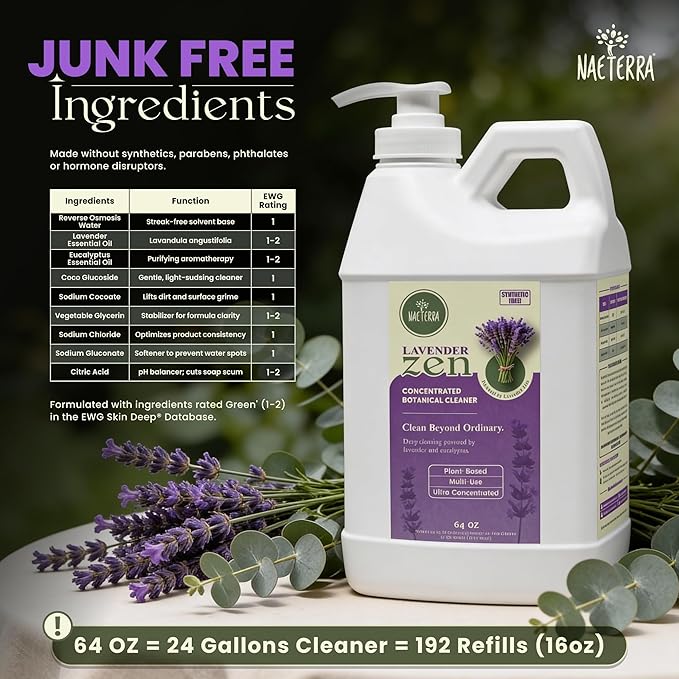 Naeterra Lavender Zen All-Purpose Cleaning Concentrate Kit – 64 oz Jug Makes 24 Gallons | Includes 16 oz Amber Glass Spray Bottle | Plant-Based, Essential Oil Scented, EWG Green-Rated Ingredients