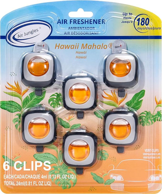 Air Jungles Hawaiian Scent Car Air Freshener Vent Clip, 6 Count Long Lasting Up to 180 days, Natural Essential Oil Car Fragrance for Women and Men, Odor Eliminator - 4ml Each