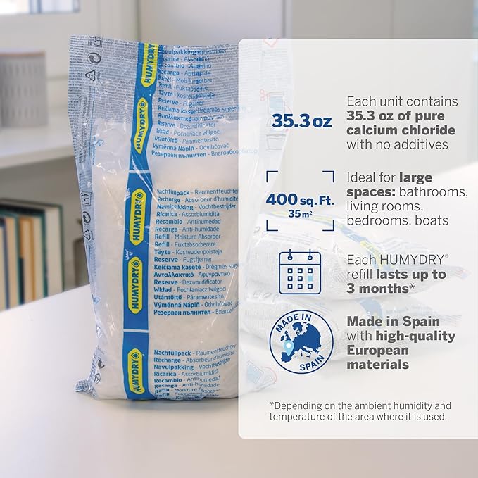 HUMYDRY Moisture Absorber Refills for 35.3 Oz Dehumidifier Device, Pack of 3 Unscented Humidity Absorber Bags, Non Electric Refill Pouches For Basements Garages Offices RVs and Large Enclosed Spaces