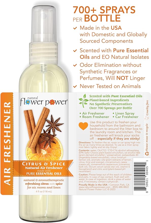 Natural Flower Power Air Freshener Spray - Odor Eliminator w/Essential Oils - Home, Car & Fabric - Cruelty Free & Vegan - Variety Pack - Citrus & Spice and Peppermint & Lemon - 2 x 4 fl oz