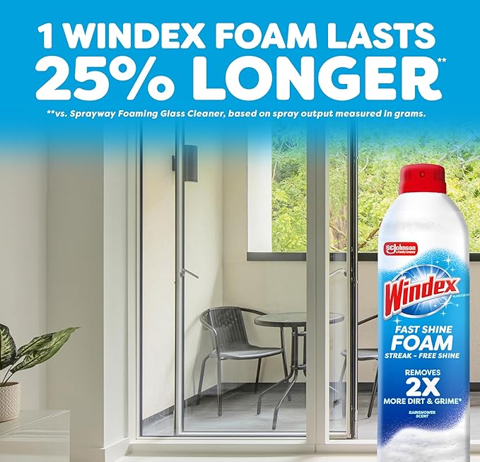 Windex Fast Shine Foam Glass Cleaner, No-Drip Windows, Doors, Mirrors & Countertops Aerosol Cleaning Spray, Streak-Free Shine, Removes Fingerprints, Dust, Dirt, Grime & More 19 oz (Pack of 6)