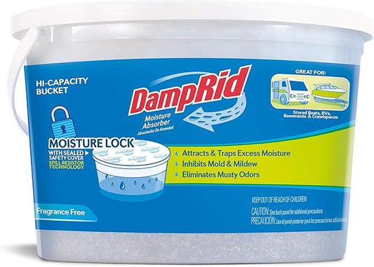 DampRid Moisture Absorber Hi-Capacity Bucket, 4 lb., Fragrance Free, For Fresher, Cleaner Air in Large Spaces, Lasts Up To 6 Months, No Electricity Required