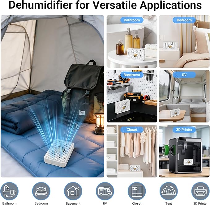 Auto Power-off USB C Rechargeable Gun Safe Dehumidifier Desiccant,Small Reusable Moisture Absorber Silica Gel Packets for 3D Printer Bathroom Bedroom Basement RV Closet Cabinet Windowsill Tent - White
