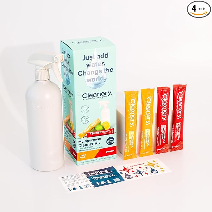 All Purpose Refill Cleaner Starter Kit with Reusable Bottle + 2 Lemon Lime + 2 Gardenia, Makes 24 fl oz each.