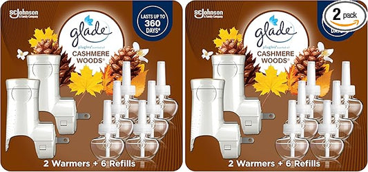 Glade PlugIns Air Freshener Starter Kit,Scented and Essential Oils for Home and Bathroom,Cashmere Woods,4.02 Fl Oz,2 Warmers-and 6 Refills,(Pack of 2)