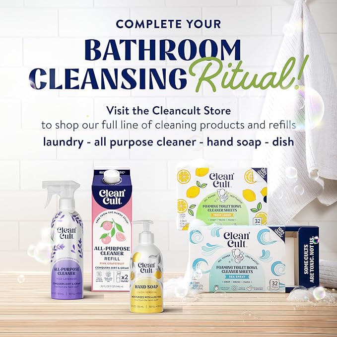 Cleancult Toilet Bowl Cleaner Sheets - Dissolvable, Septic Safe, Effective Cleaning, Removes Stains & Rings, Cleans & Deodorizes - 32 Uses - Fresh Lemon Scent - Plastic-Free Packaging,(Pack of 2)