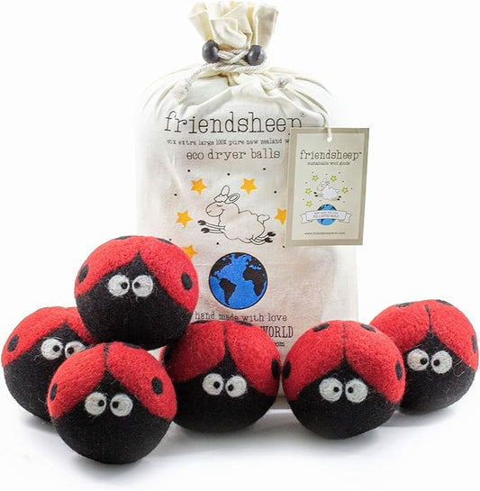 Friendsheep Wool Dryer Balls, Organic Reusable Fabric Softener Alternative for Laundry, Handmade, Fair Trade, Hypoallergenic, Eco-Friendly, Plastic-Free (6 Pack XL ??Ladybugs)