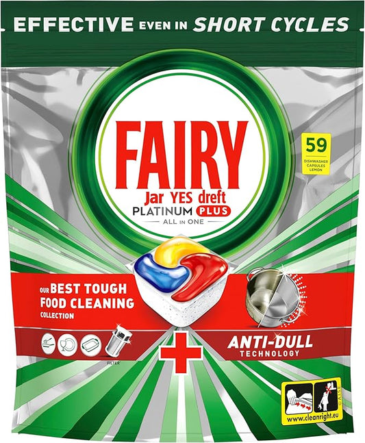 Fairy Platinum Plus 59 Dishwasher Tablets, Lemon, Our Best Cleaning For A Clean Like New, Removes Dullness & Prevents Limescale